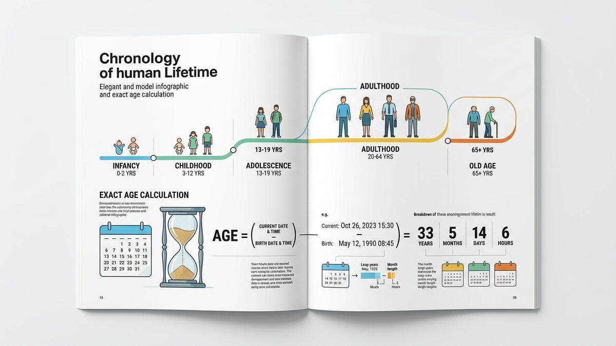 Ligne du temps chronologique et décomposition d'une vie humaine en années, mois, jours et cycles lunaires