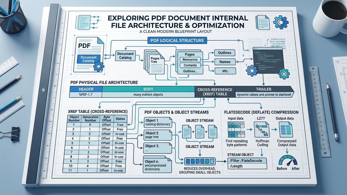 Schéma technique de compression de fichier PDF dans le navigateur sans transfert serveur