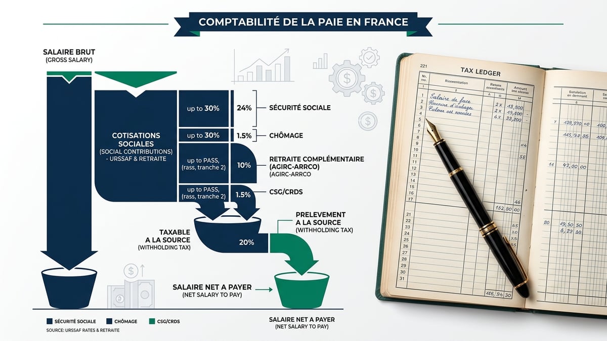 Graphique en cascade de décomposition du salaire brut en salaire net avec cotisations URSSAF