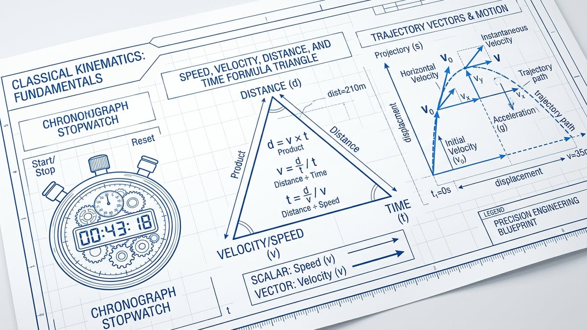 Schéma vectoriel du triangle cinématique reliant vitesse, temps et distance